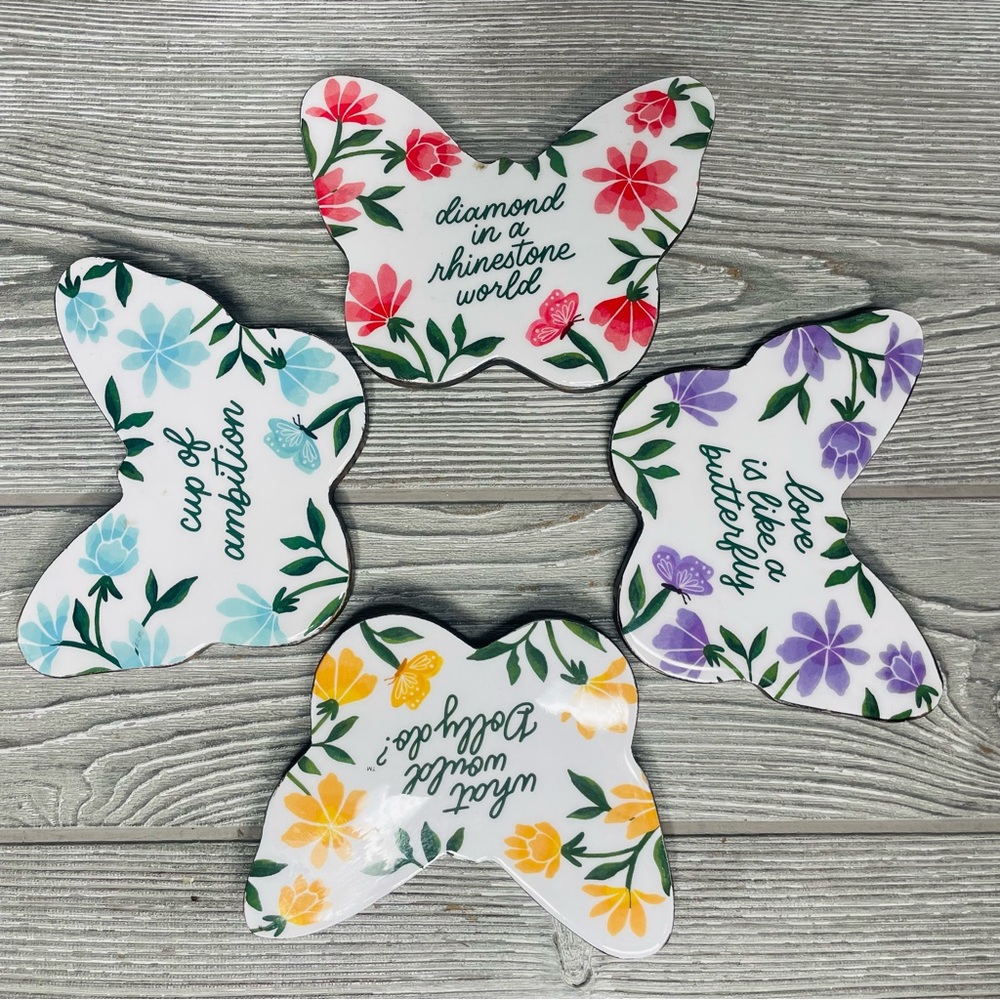Wooden Dolly Parton Butterfly Coasters 4 what would dolly do , cup of ambution